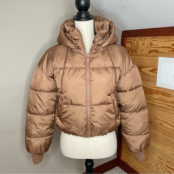 Ci Sono Brown Gold Hooded Cropped Full Zip Puffer Jacket Extra Small Outerwear - Picture 1 of 14